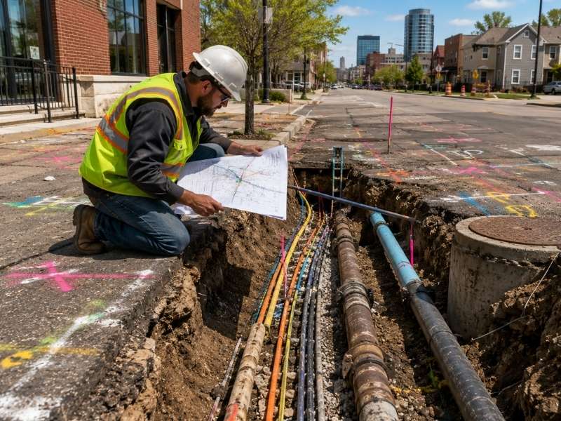 Civil engineer evaluating existing site infrastructure - Grand Rapids Engineering Civil engineer reviewing underground utilities and existing infrastructure at a commercial development site with exposed water, sewer, and utility lines before site design.