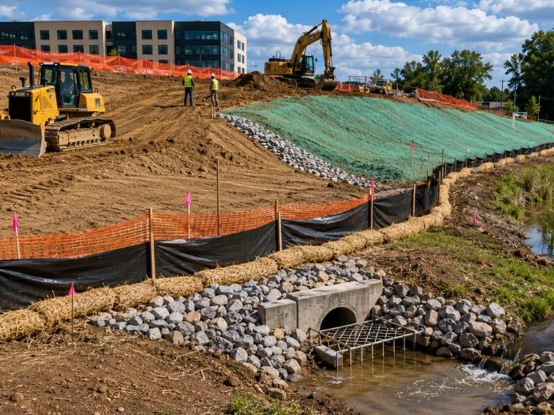 Erosion control plan construction site review - Grand Rapids Engineering Construction site with installed silt fences, sediment barriers, stabilized soil, and drainage controls prepared before grading to prevent erosion and support permit compliance.