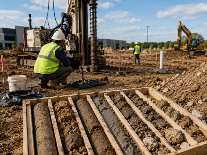 Geotechnical drilling crew collecting soil samples with core boxes at a commercial development site before finalizing site plans.