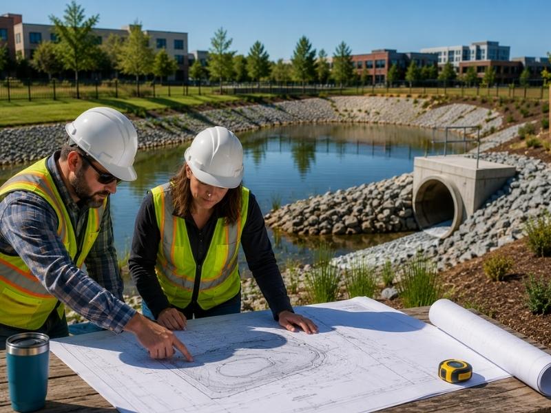Civil engineers reviewing detention pond design plans beside a stormwater pond for a commercial development in Grand Rapids, MI.