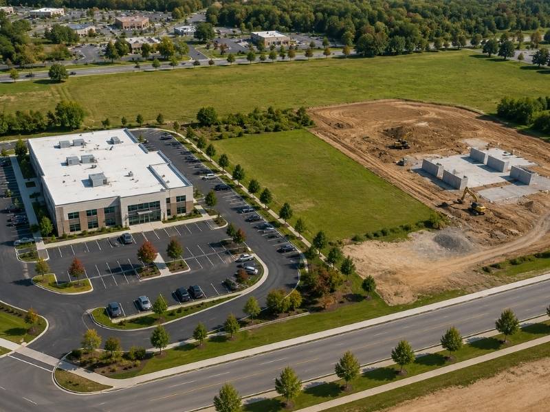 Site plan future expansion grand rapids - Grand Rapids Engineering Aerial view of a commercial development with an existing office building, reserved land for future expansion, parking, and ongoing site development in Grand Rapids, Michigan.