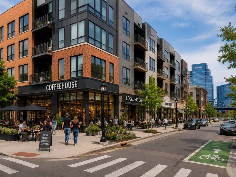 Modern mixed-use development with ground-floor retail, upper-level residential apartments, walkable sidewalks, and pedestrian-friendly streets in Grand Rapids, Michigan.