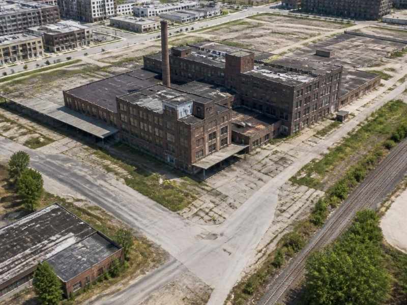 Aerial view of a former furniture factory site in Grand Rapids with vacant paved land, rail tracks, and newer development nearby.