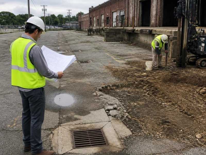 Civil engineering team assessing soil, drainage, and site conditions at a former furniture factory in Grand Rapids.
