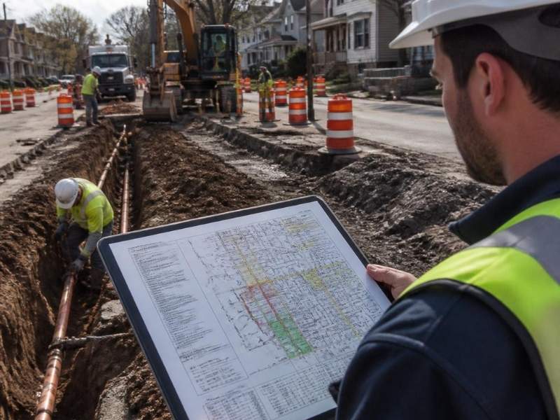 grand rapids mi lead line replacement staging - Grand Rapids Engineering Civil engineer in Grand Rapids reviewing a utility staging plan beside an active lead service line replacement project.