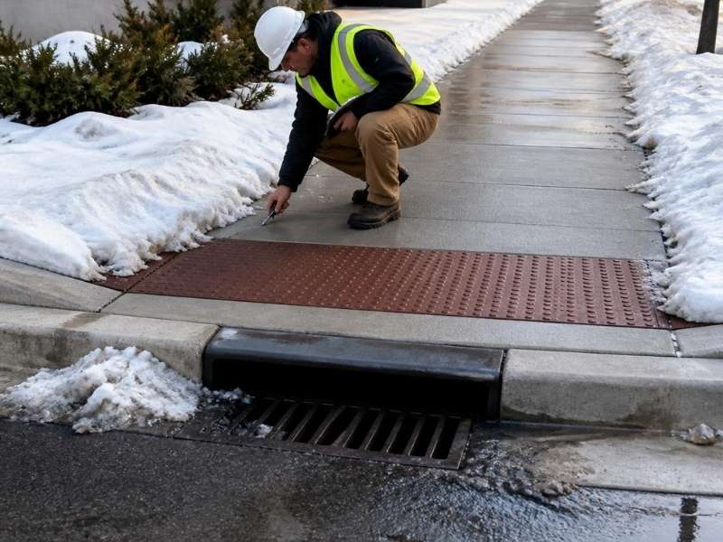Civil engineer in Grand Rapids, Michigan, inspecting the slope and drainage of a barrier-free winter curb ramp beside a storm drain.
