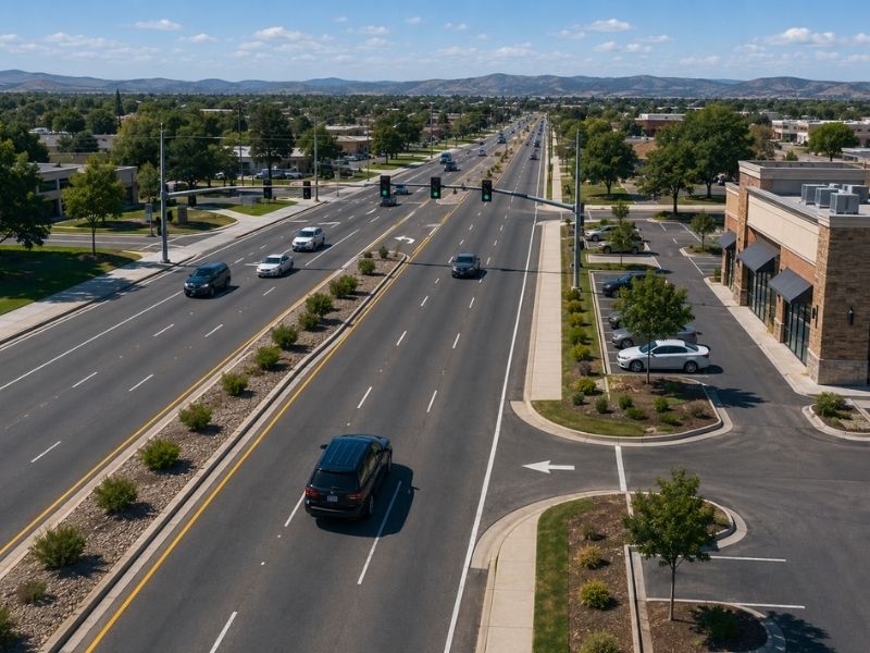Aerial view of a multi-lane roadway with a commercial property access driveway and signalized intersection in Grand Rapids, MI, illustrating roadway design and site access planning.