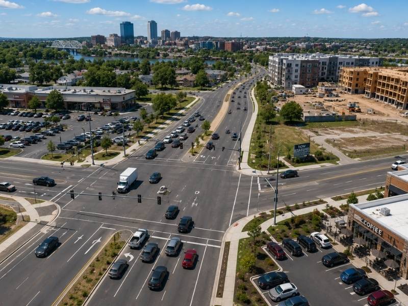 Aerial view of a busy commercial intersection and surrounding development in Grand Rapids, MI, illustrating traffic flow analysis for transportation planning and roadway improvements.
