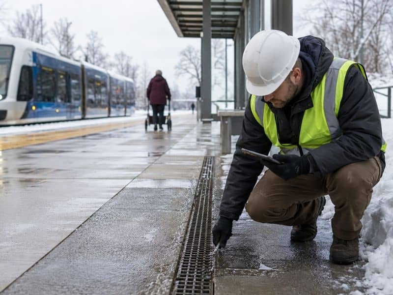 Engineer reviewing construction design details for heated transit platform drainage in Grand Rapids