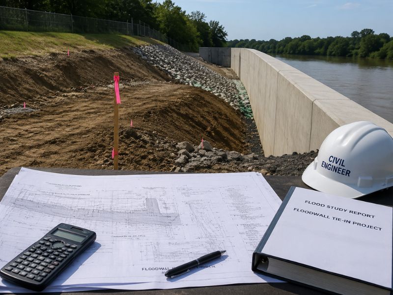 Flood study review for a floodwall tie-in project in Grand Rapids, Michigan, showing engineering plans beside a river floodwall.