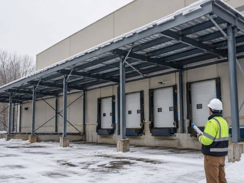 Structural engineering review of a snow-covered loading canopy in Grand Rapids, Michigan
