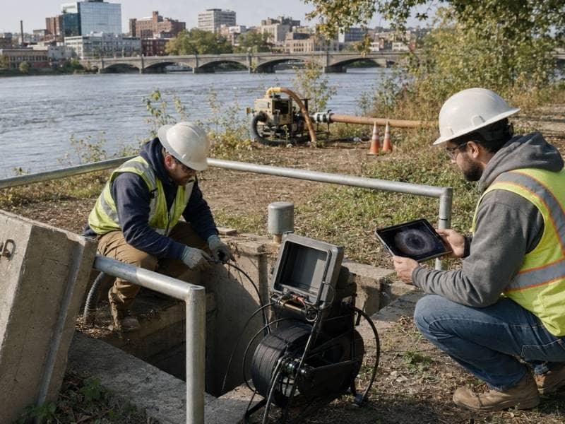 Pipeline engineering grand rapids - Grand Rapids Engineering Pipeline engineers inspecting a river siphon access chamber during rehabilitation in Grand Rapids