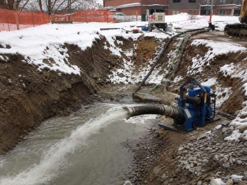 Professional Engineer winter dewatering review for a construction excavation with discharge lines in Grand Rapids Michigan