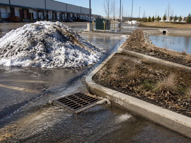 Stormwater design for commercial snow storage areas in Grand Rapids, Michigan, showing snowmelt runoff flowing toward a storm drain and detention pond.